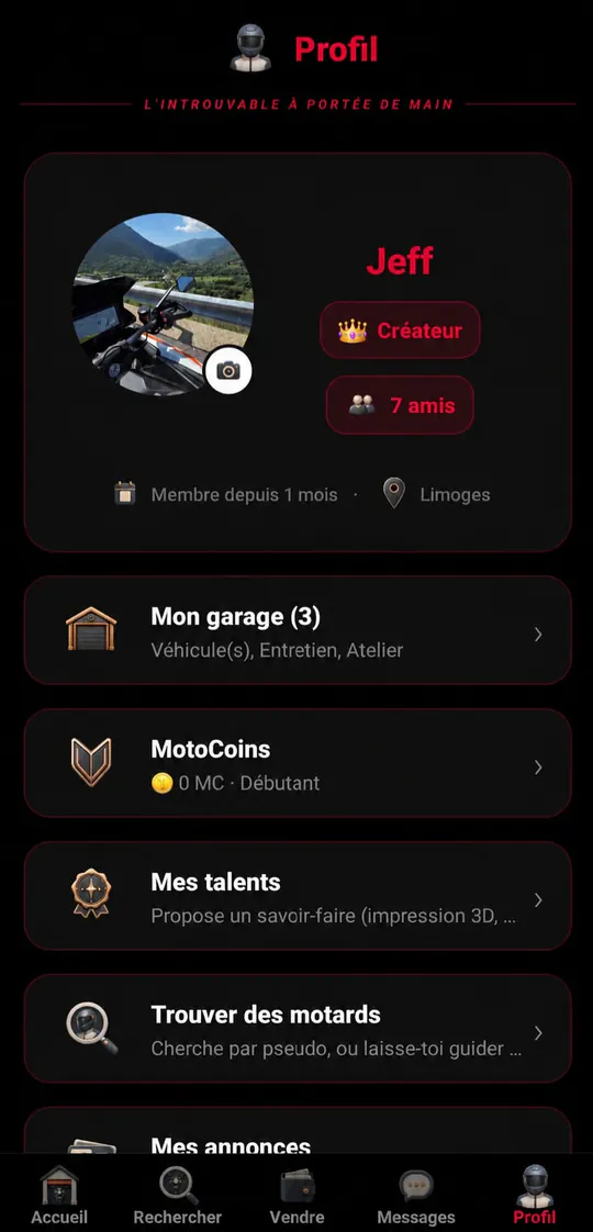 Écran de profil utilisateur